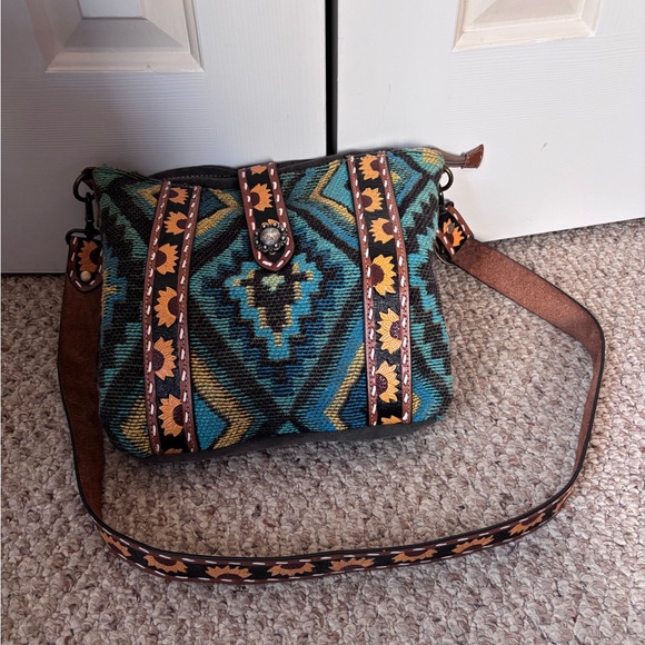 Myra sunflower tooled leather fringe shoulder bag - Picture 1 of 4